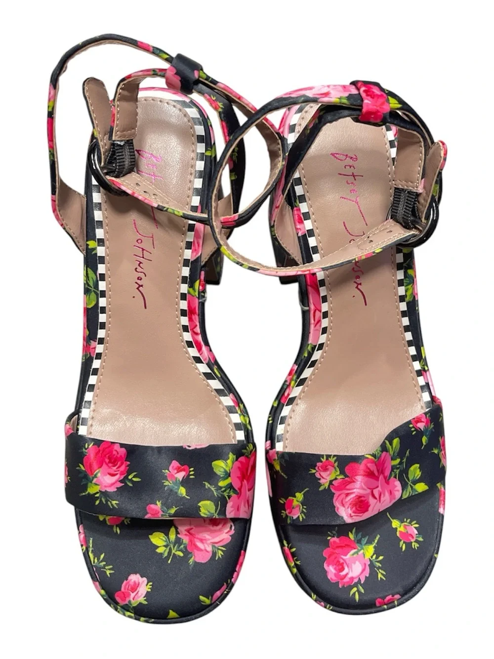 Floral Platform Block Heel Sandals - Black/Pink